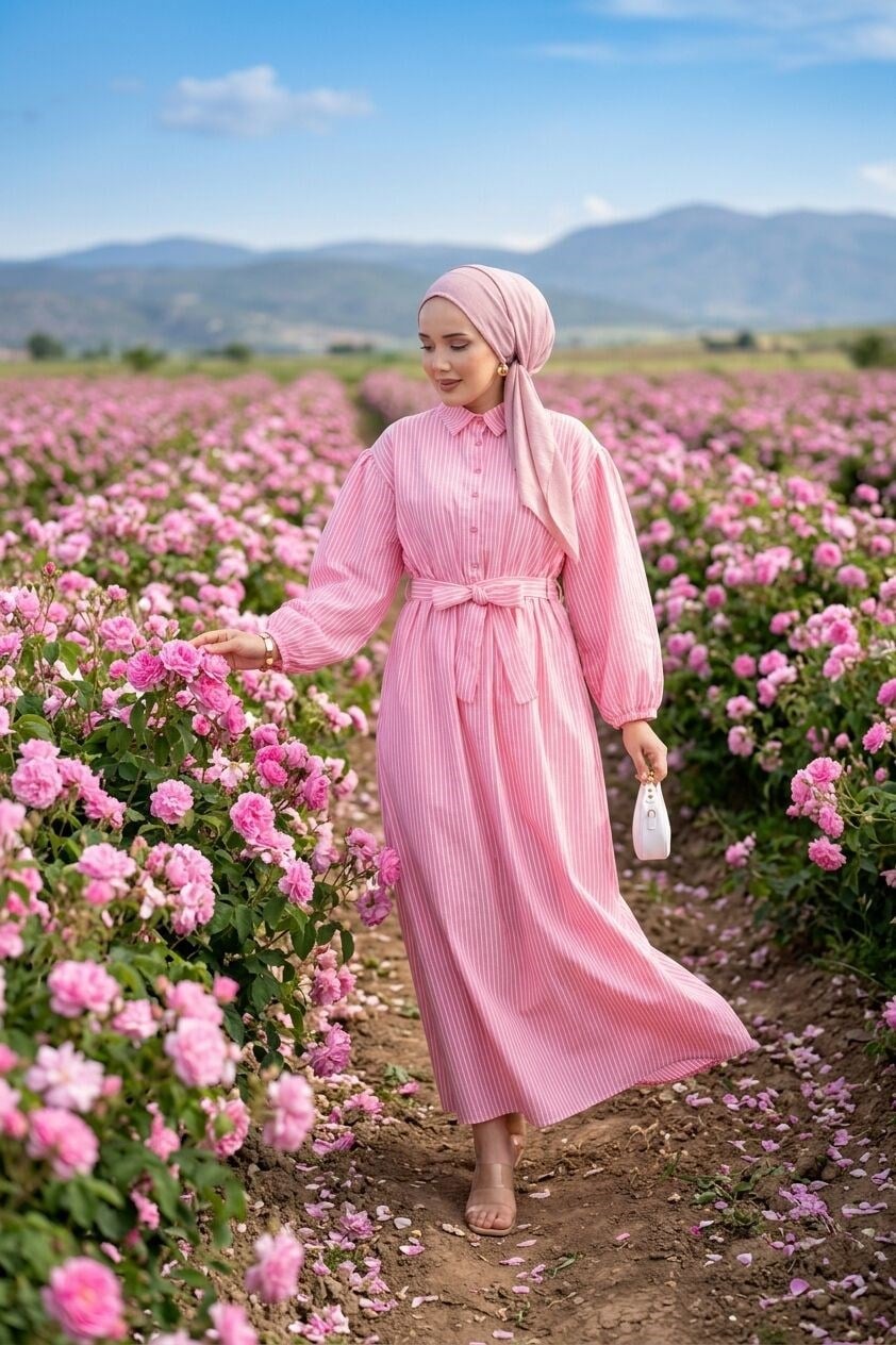 Beli Büzgülü Çizgili Tesettür Elbise Pembe