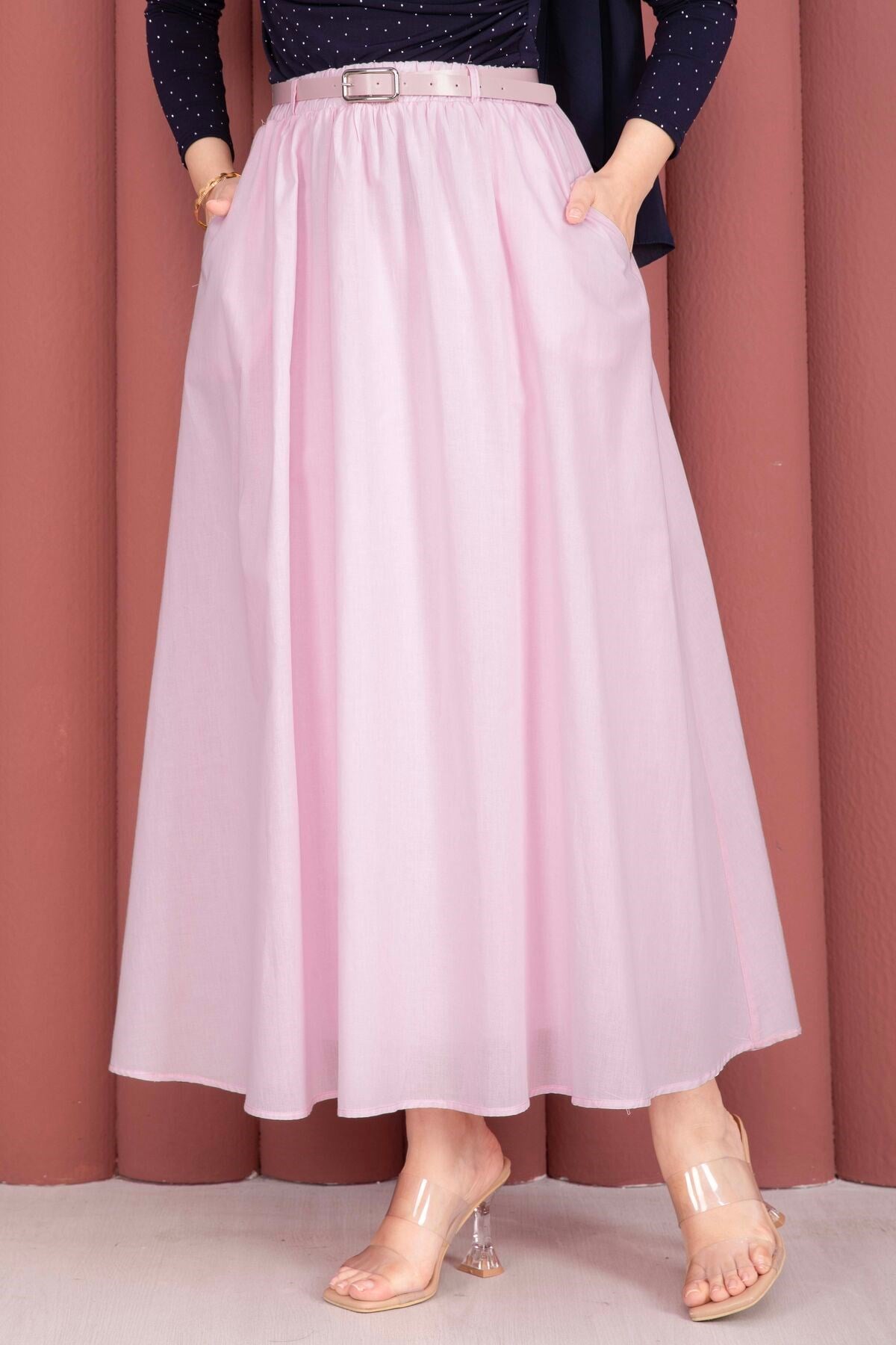Beli Kemerli Cepli Spor Yazlık Etek Pembe