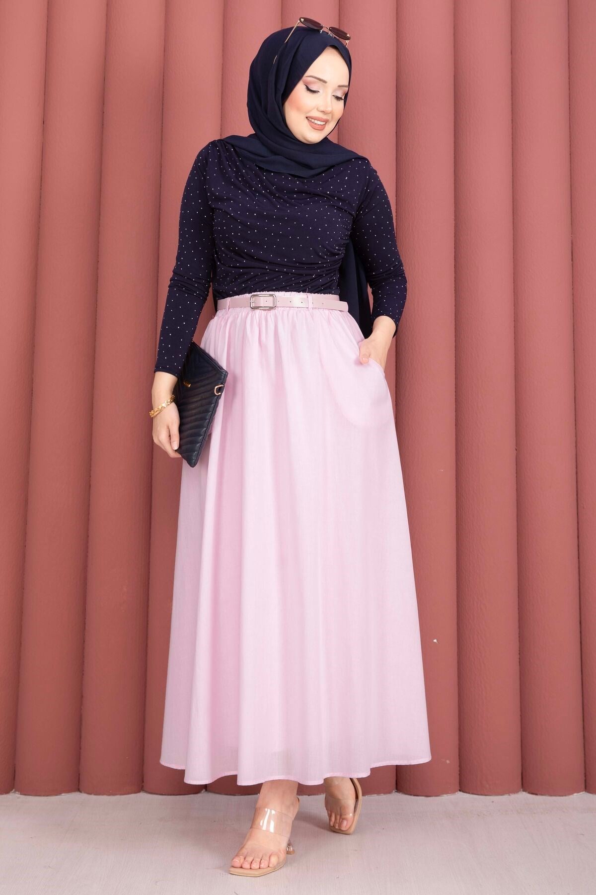 Beli Kemerli Cepli Spor Yazlık Etek Pembe