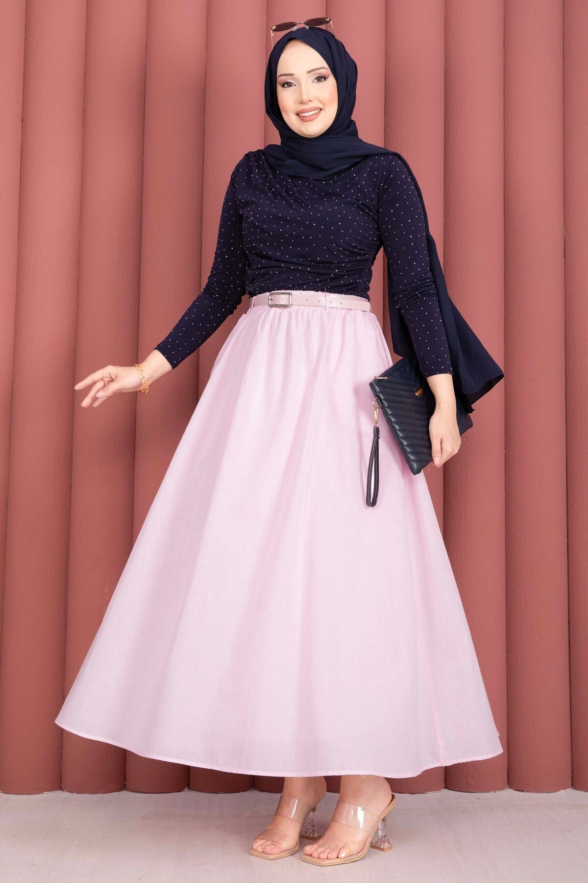 Beli Kemerli Cepli Spor Yazlık Etek Pembe