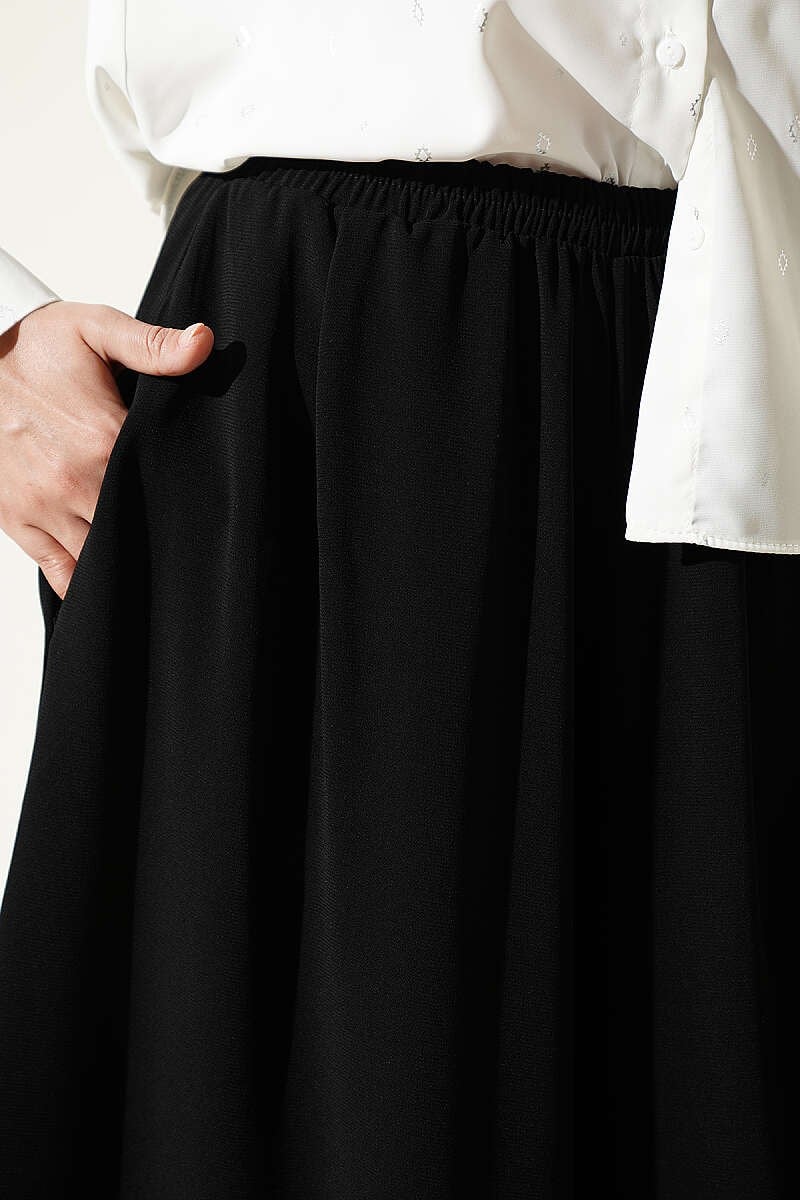 Beli Lastikli Geniş Paça Kumaş Pantolon Siyah