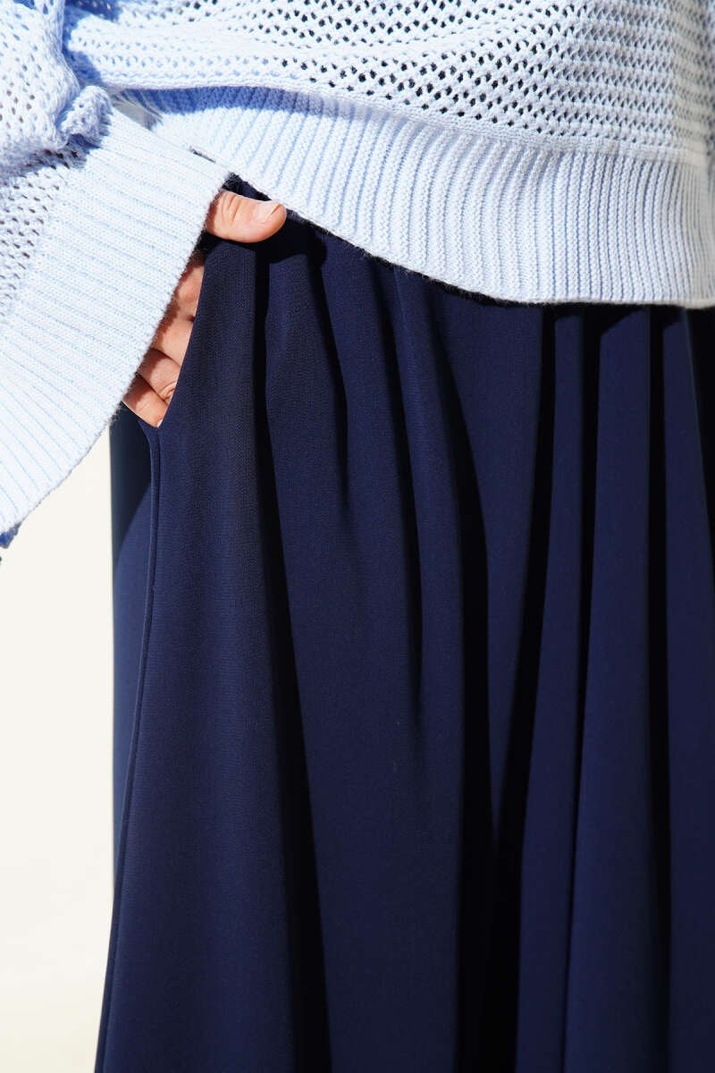 Beli Lastikli Geniş Paça Kumaş Pantolon Lacivert