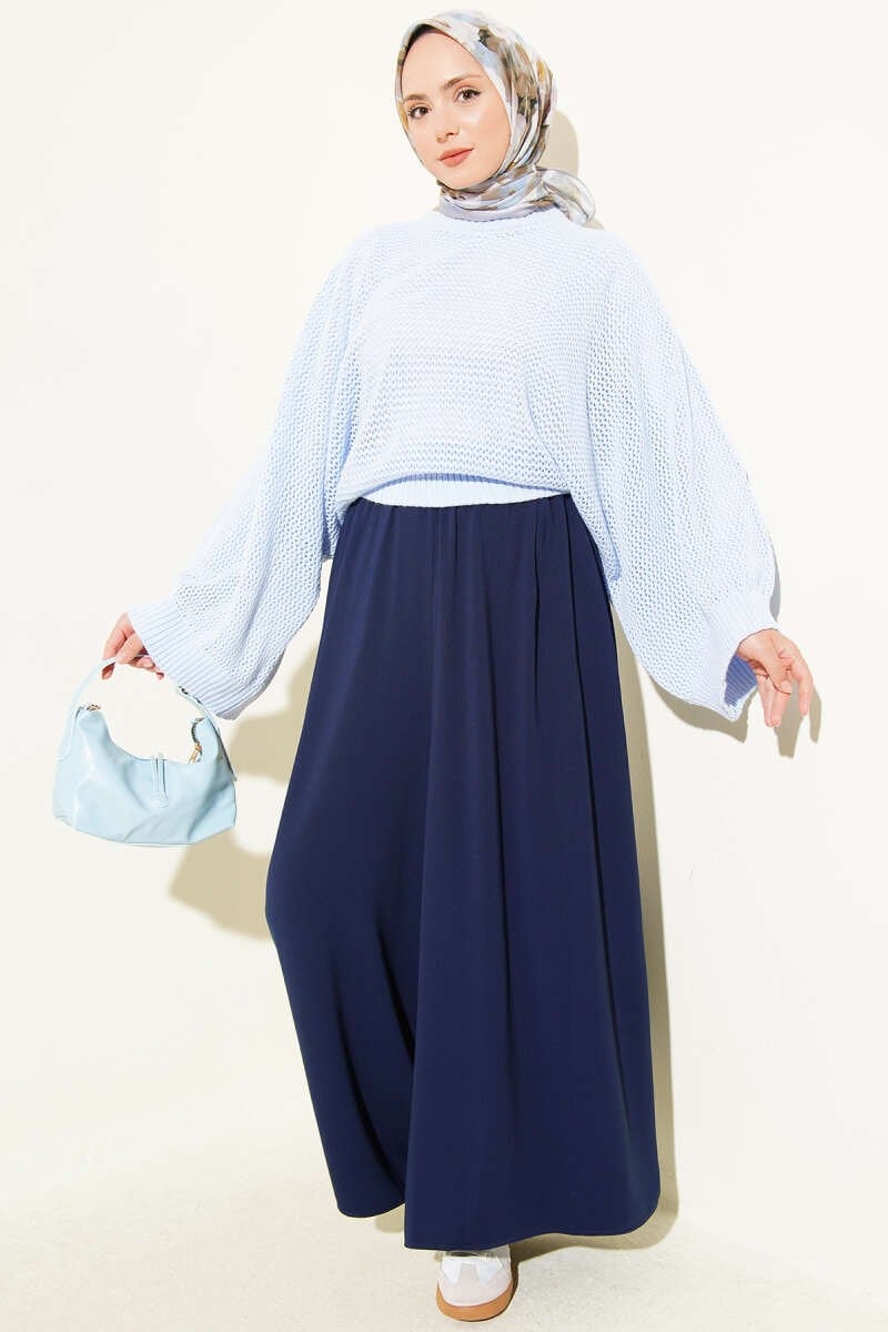 Beli Lastikli Geniş Paça Kumaş Pantolon Lacivert