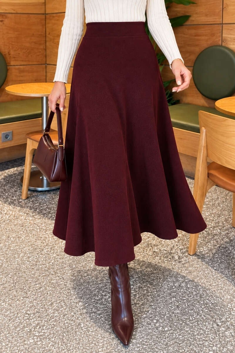 Beli Lastikli Kloş Basic Etek Mürdüm