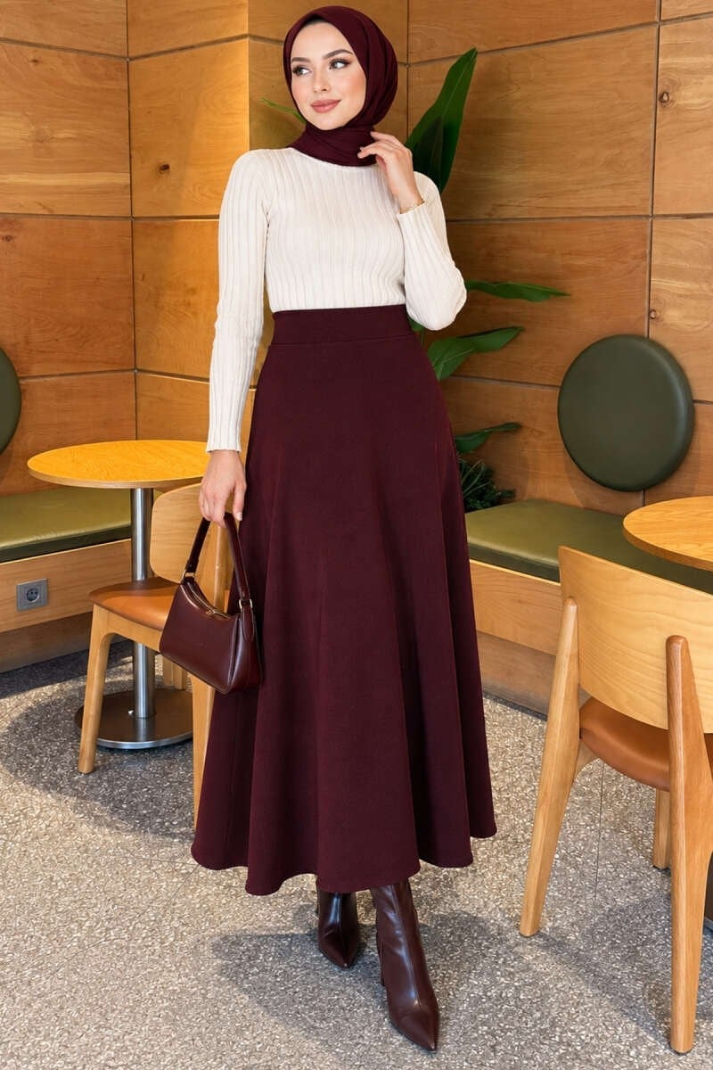 Beli Lastikli Kloş Basic Etek Mürdüm