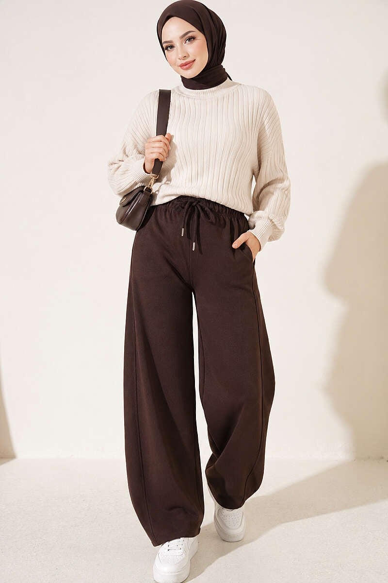 Beli Lastikli Oversize Pantolon Kahve