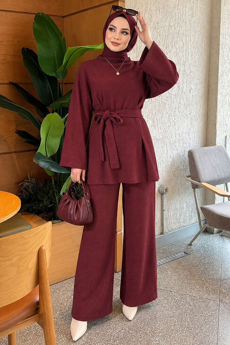 Beli Pensli Kuşaklı Basic İkili Takım Bordo