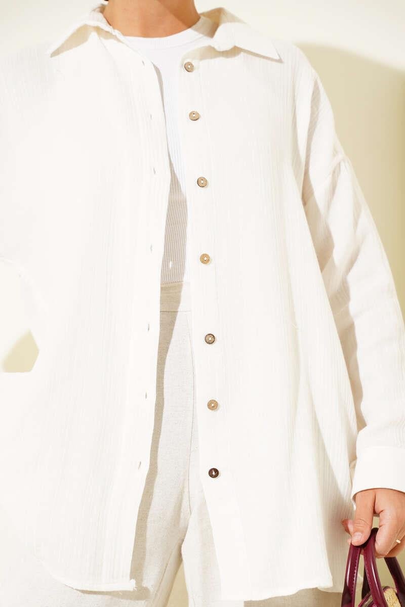 Bilek Düğmeli Basic Gömlek Ekru
