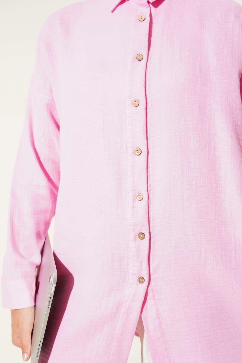 Bilek Düğmeli Basic Gömlek Pembe