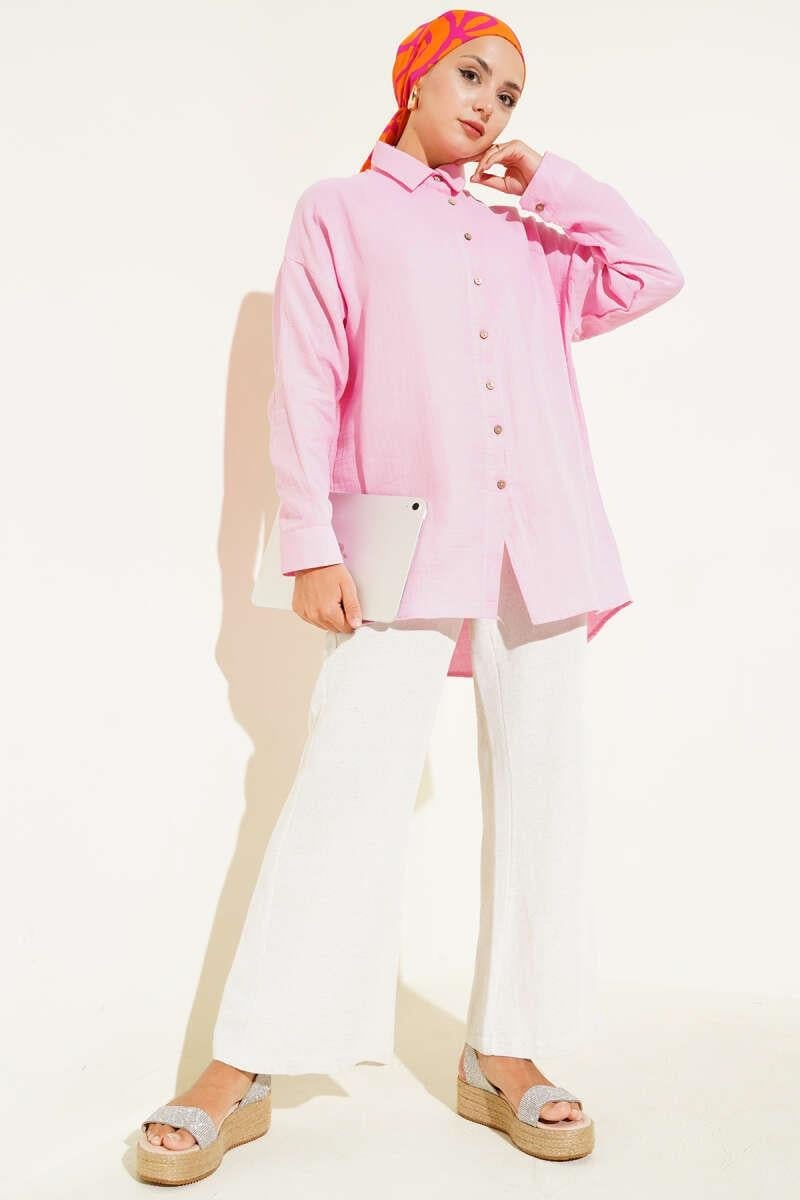 Bilek Düğmeli Basic Gömlek Pembe