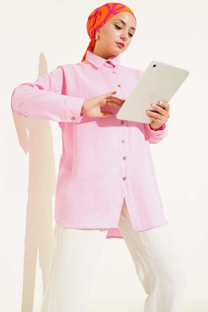 Bilek Düğmeli Basic Gömlek Pembe