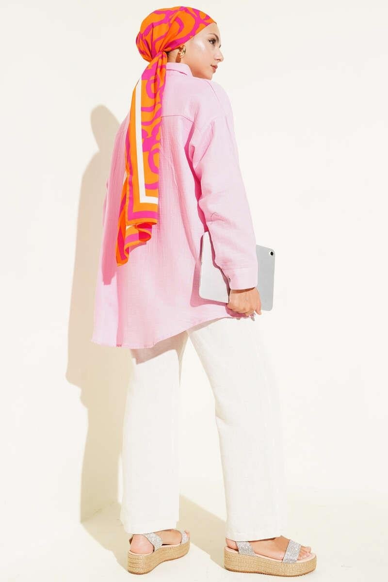 Bilek Düğmeli Basic Gömlek Pembe