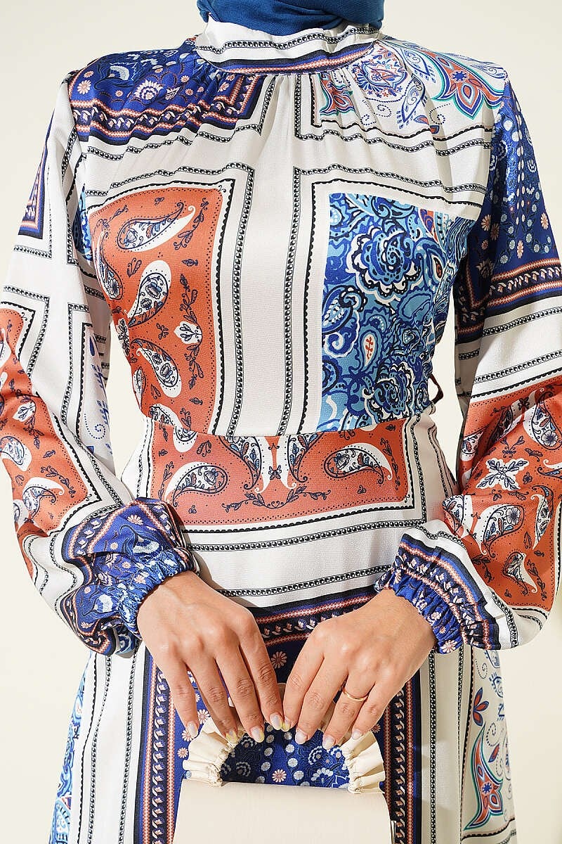 Bilek Lastikli Desenli Saten Elbise Mavi
