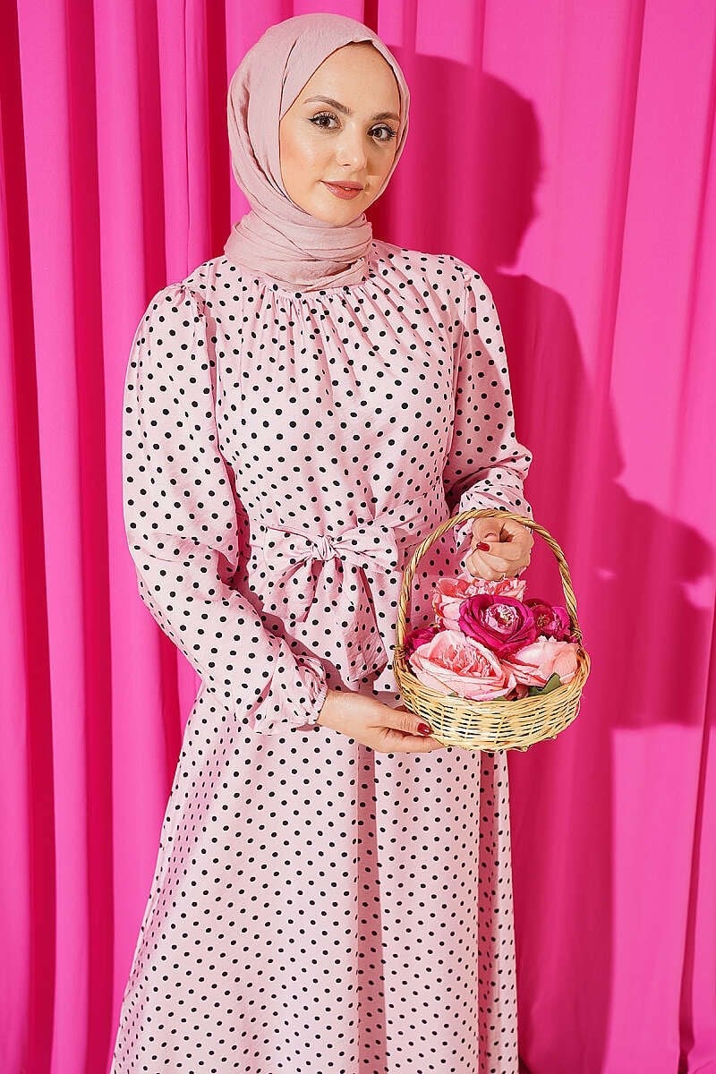 Bilek Lastikli Puantiyeli Kuşaklı Elbise Pembe