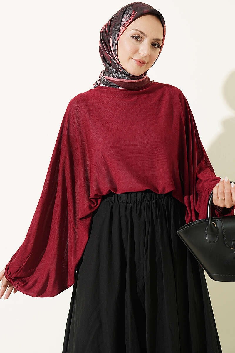 Bilek Lastikli Yarasa Kol Merserize Bluz Bordo