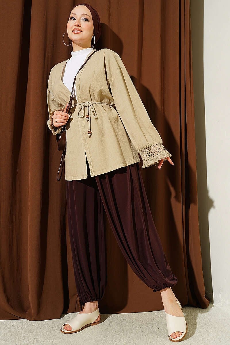 Bilek Püsküllü Keten Kimono Bej