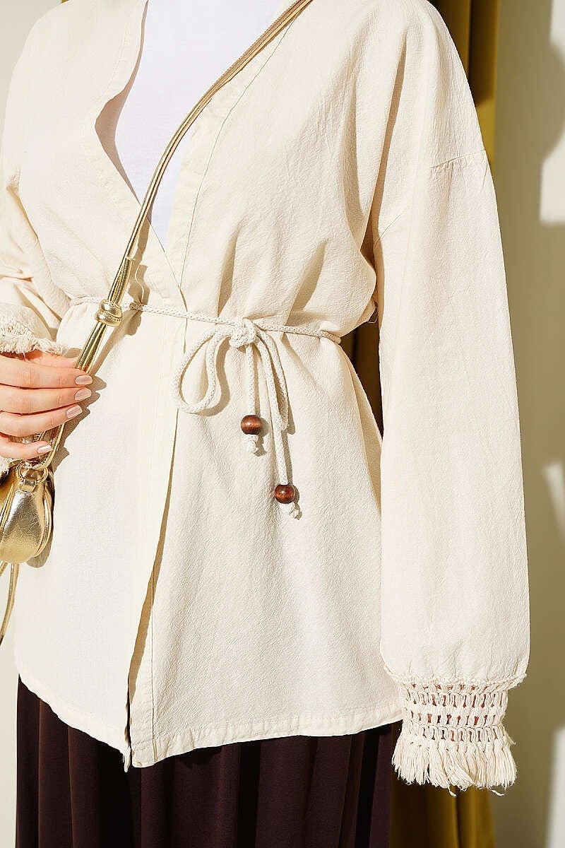 Bilek Püsküllü Keten Kimono Krem