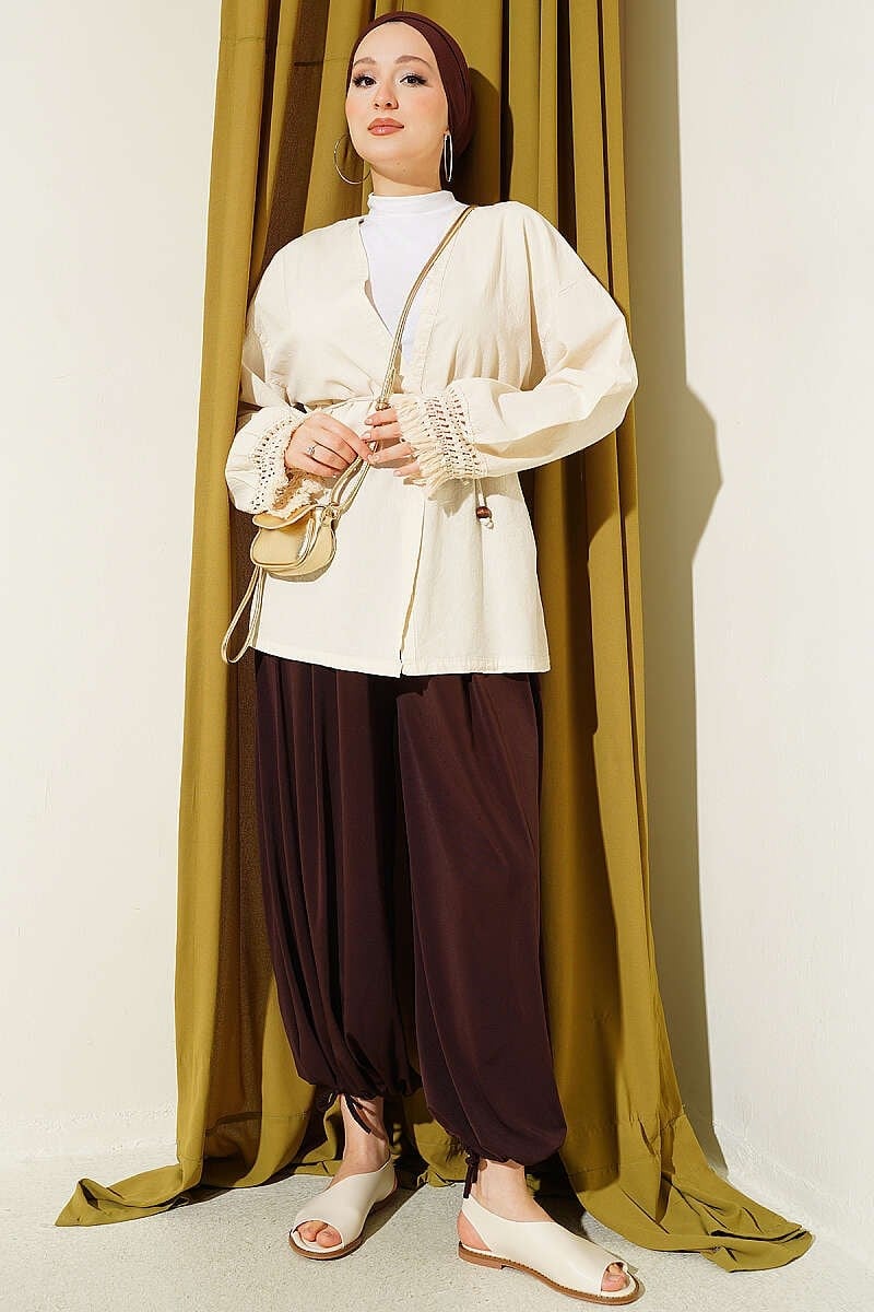 Bilek Püsküllü Keten Kimono Krem