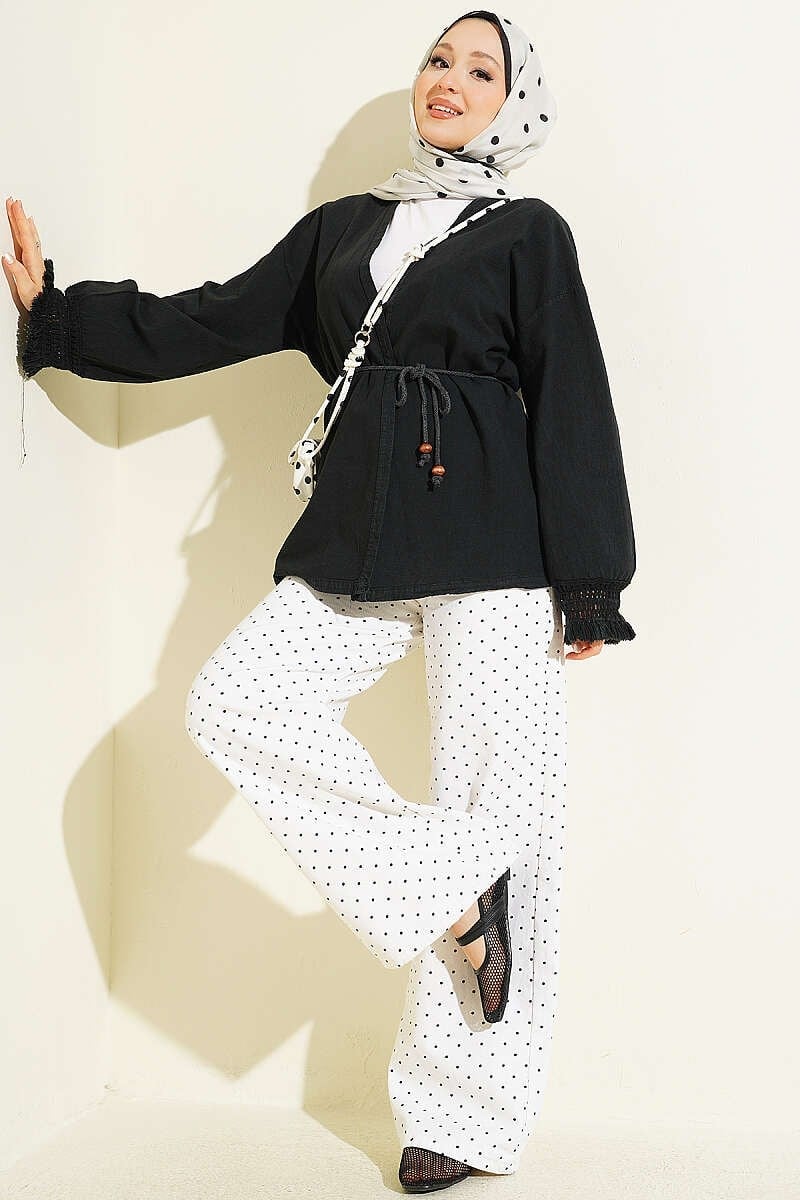 Bilek Püsküllü Keten Kimono Siyah