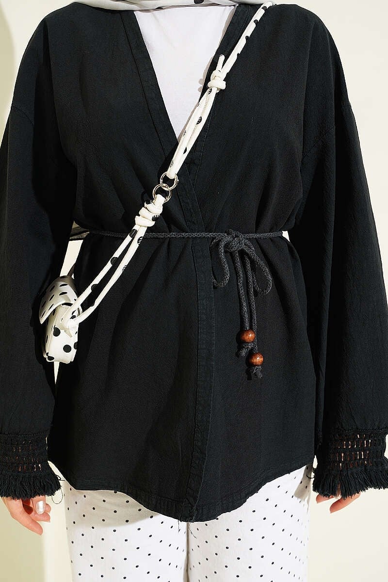 Bilek Püsküllü Keten Kimono Siyah