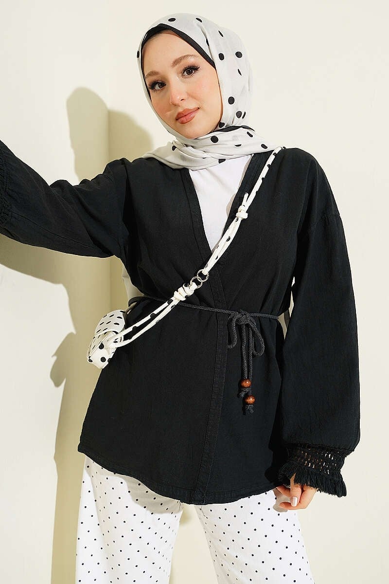 Bilek Püsküllü Keten Kimono Siyah