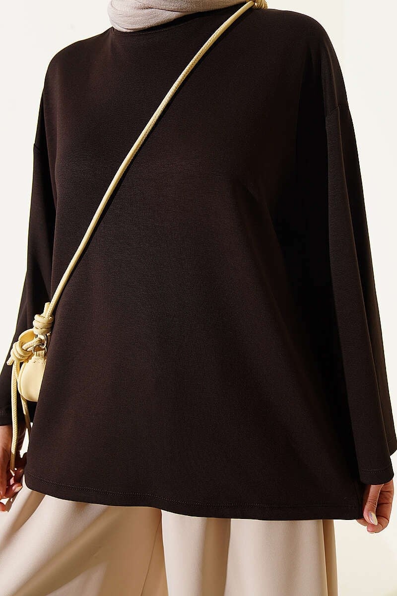 Bisiklet Yaka Basic Loyşa Tunik Kahve