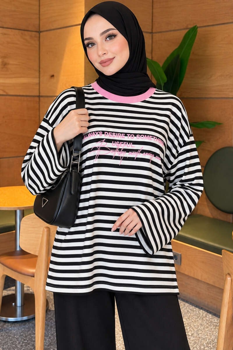 Bisiklet Yaka Baskılı Tunik Pembe