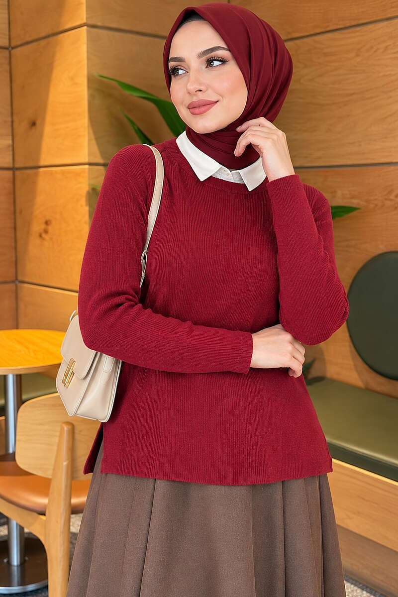 Bisiklet Yaka Fitilli Bluz Koyu Bordo