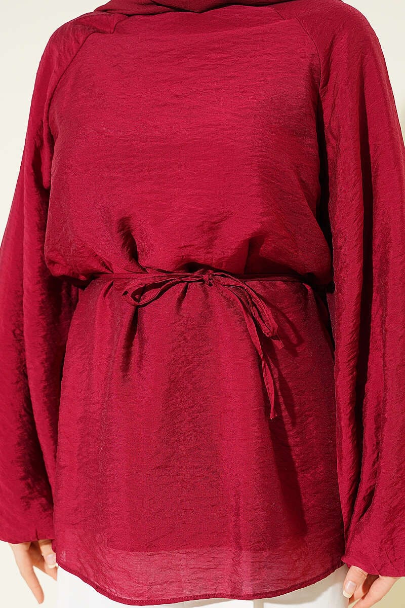 Bisiklet Yaka İp Bağcıklı Tunik Bordo