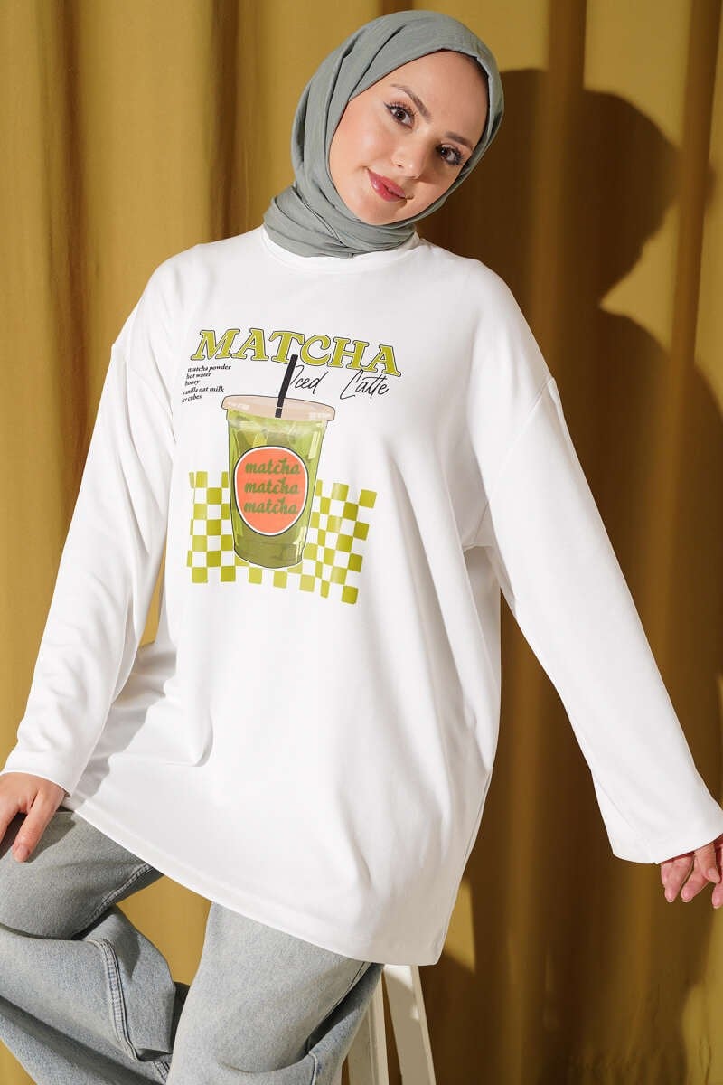 Bisiklet Yaka Matcha Baskılı Tunik Ekru
