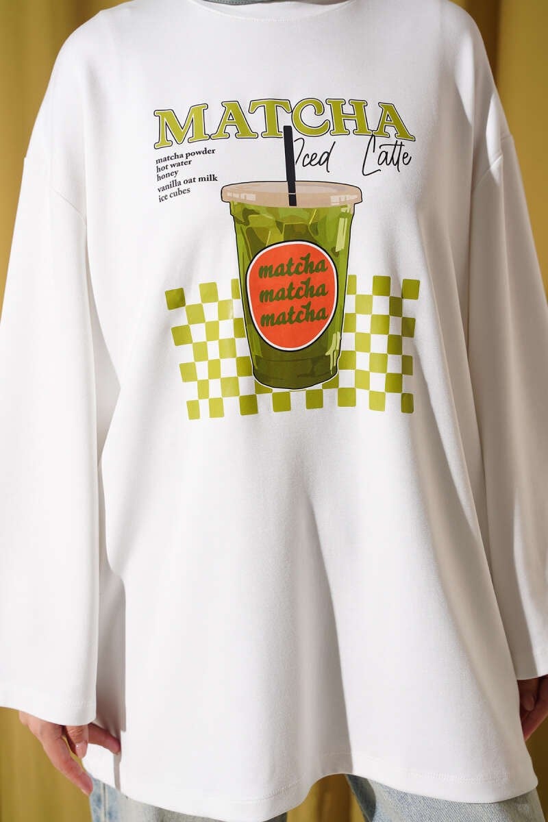 Bisiklet Yaka Matcha Baskılı Tunik Ekru