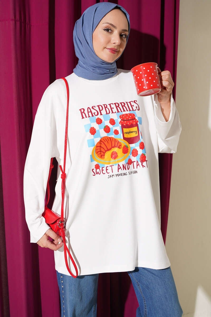 Bisiklet Yaka Raspberries Baskılı Tunik Ekru
