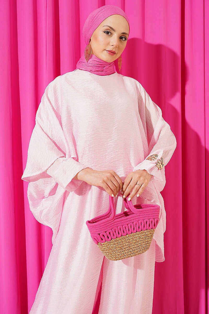 Bisiklet Yaka Şalvar İkili Takım Pembe