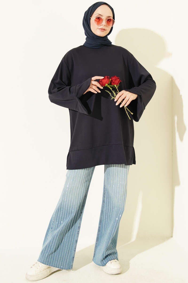 Bisiklet Yaka Yırtmaç Detaylı Tunik Lacivert