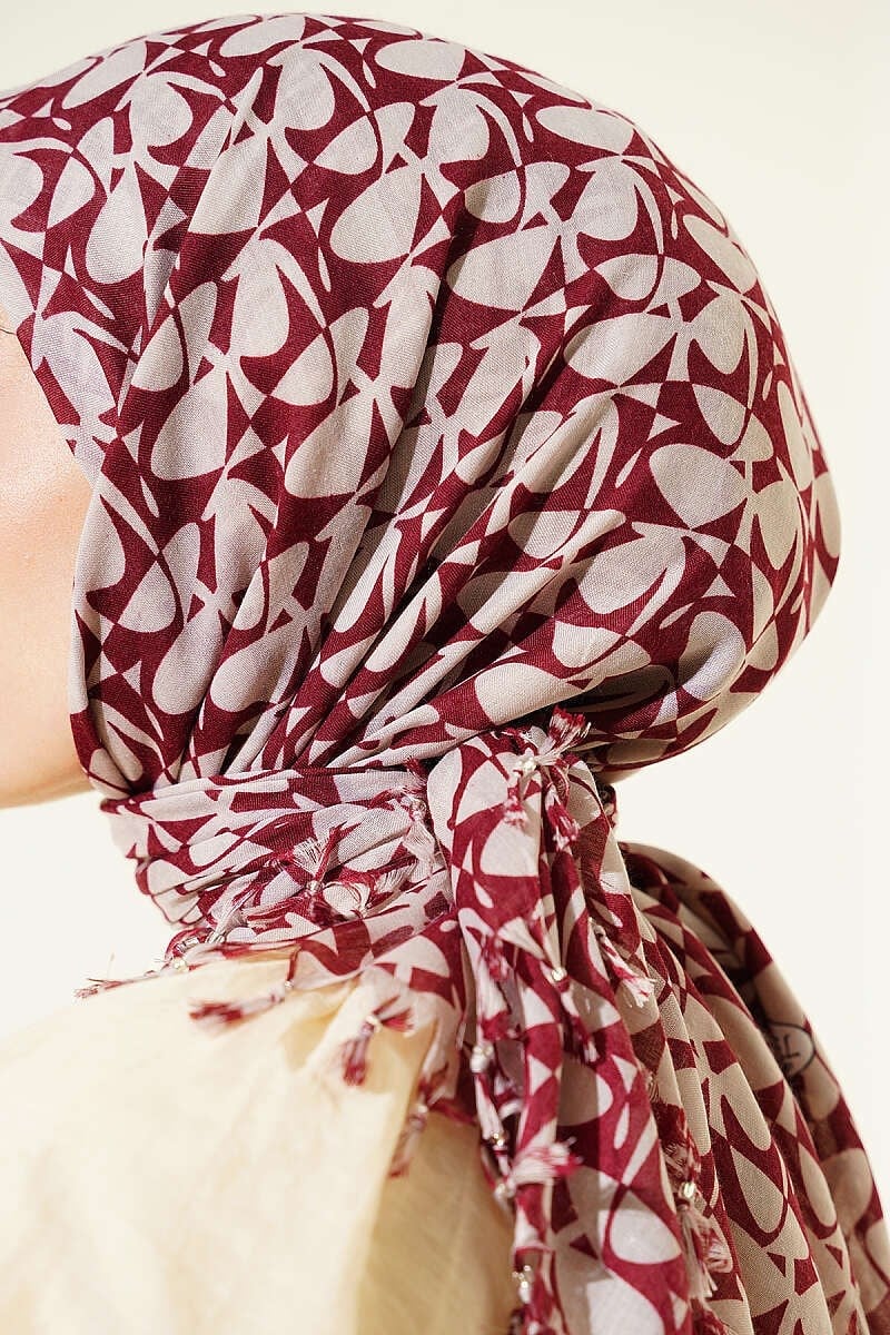 Boncuk Detaylı Desenli Eşarp Bordo