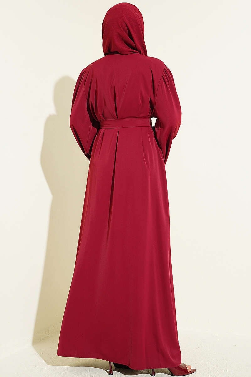 Boncuk İşlemeli Kuşaklı Abaya Bordo