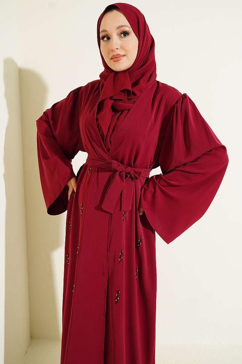 Boncuk İşlemeli Kuşaklı Abaya Bordo