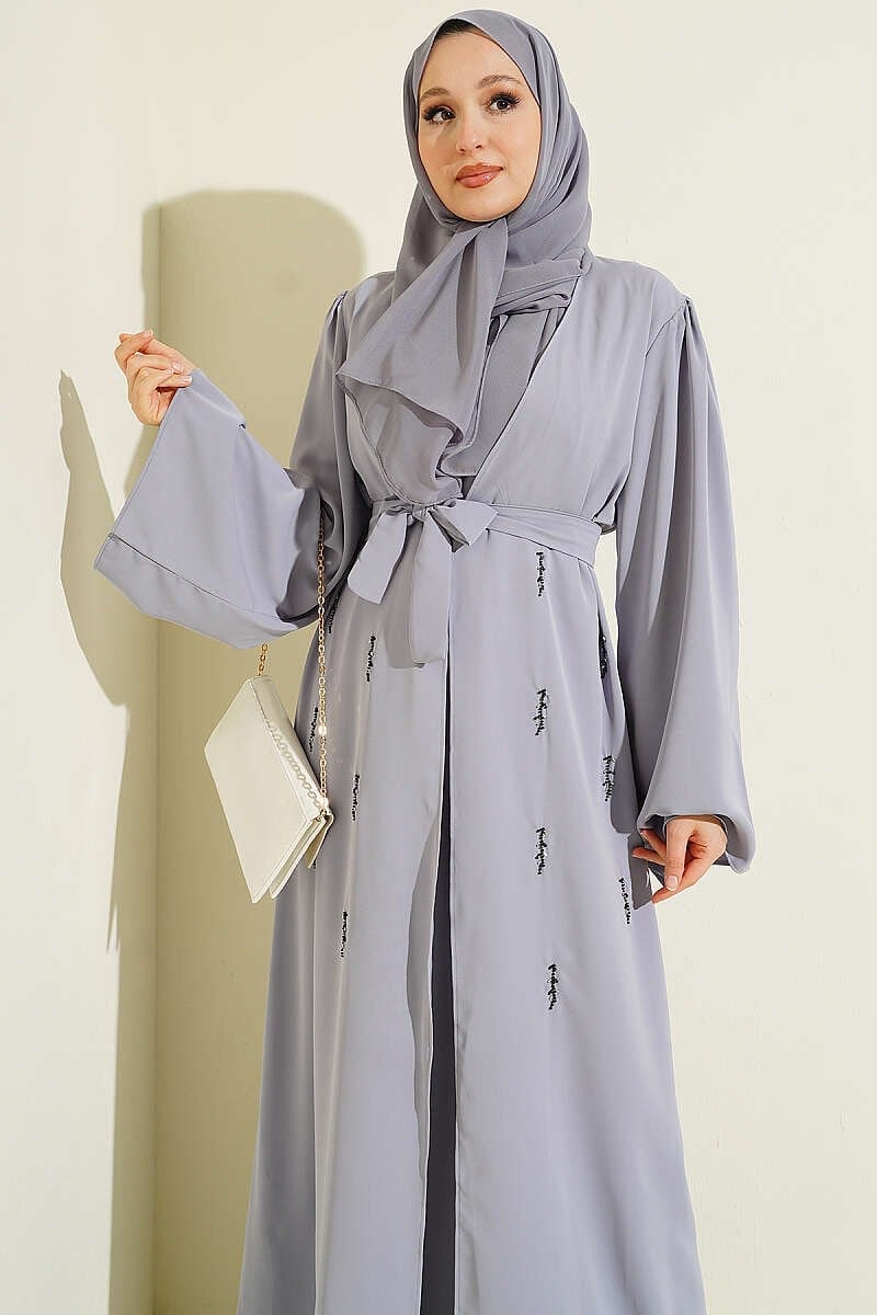Boncuk İşlemeli Kuşaklı Abaya Gri