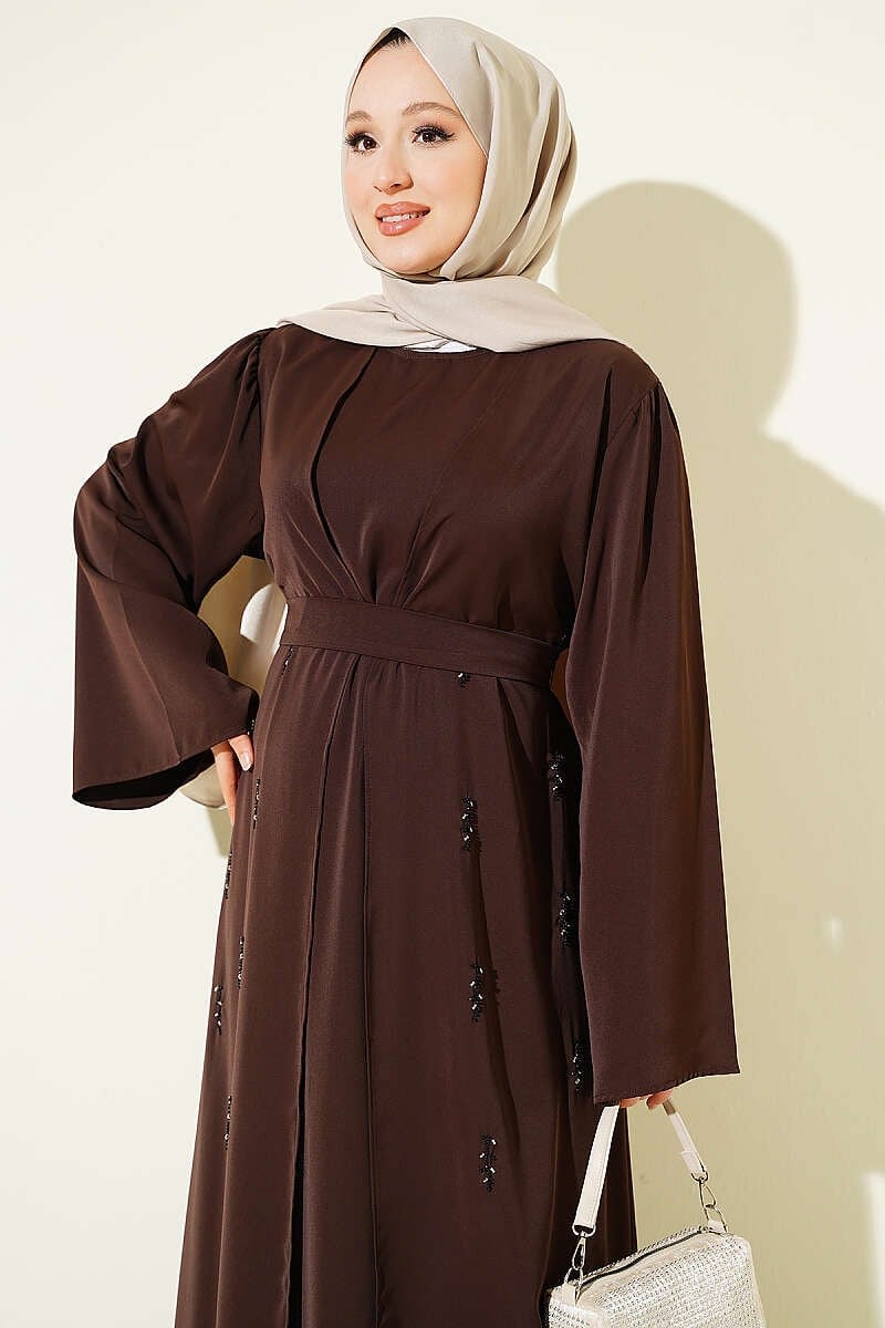 Boncuk İşlemeli Kuşaklı Abaya Kahve