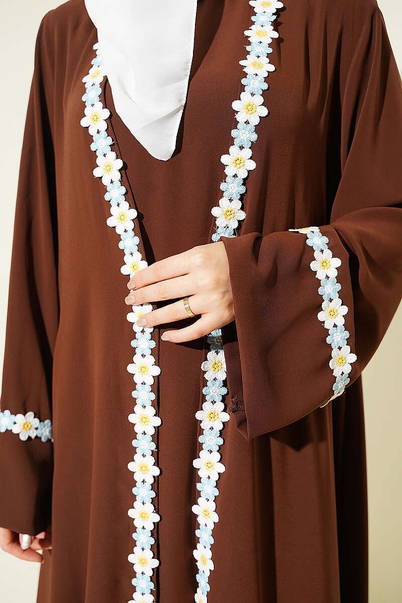Boncuk İşlemeli Kuşaklı Abaya Kahve