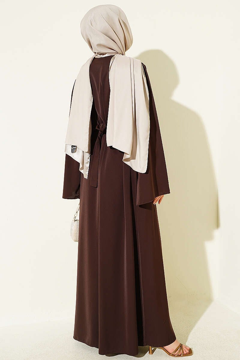 Boncuk İşlemeli Kuşaklı Abaya Kahve