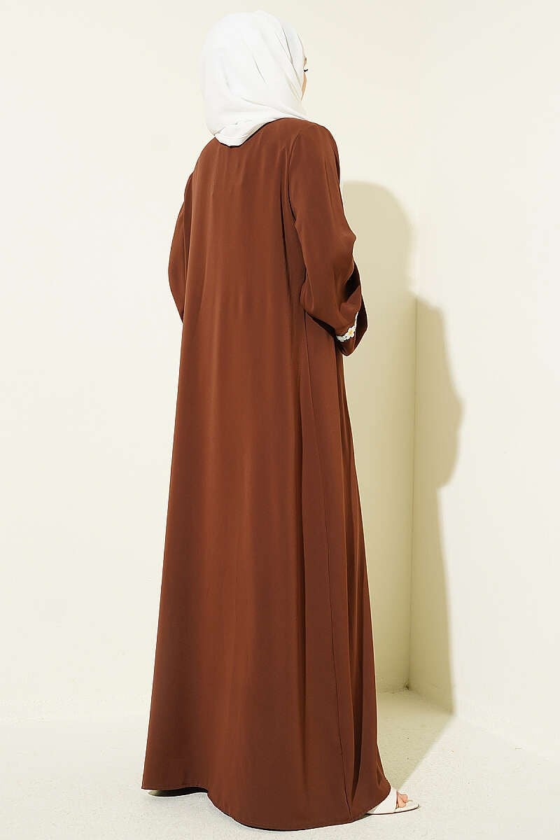 Boncuk İşlemeli Kuşaklı Abaya Kahve