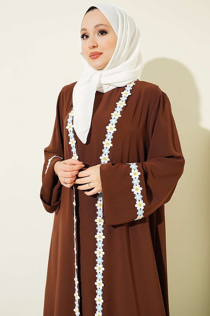 Boncuk İşlemeli Kuşaklı Abaya Kahve