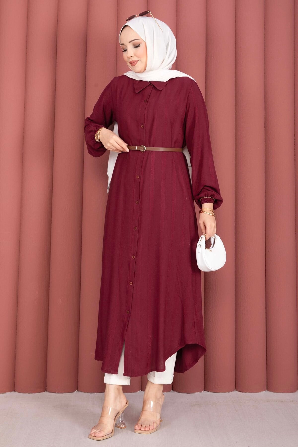 Boydan Düğmeli Salaş Gömlek Tunik Bordo