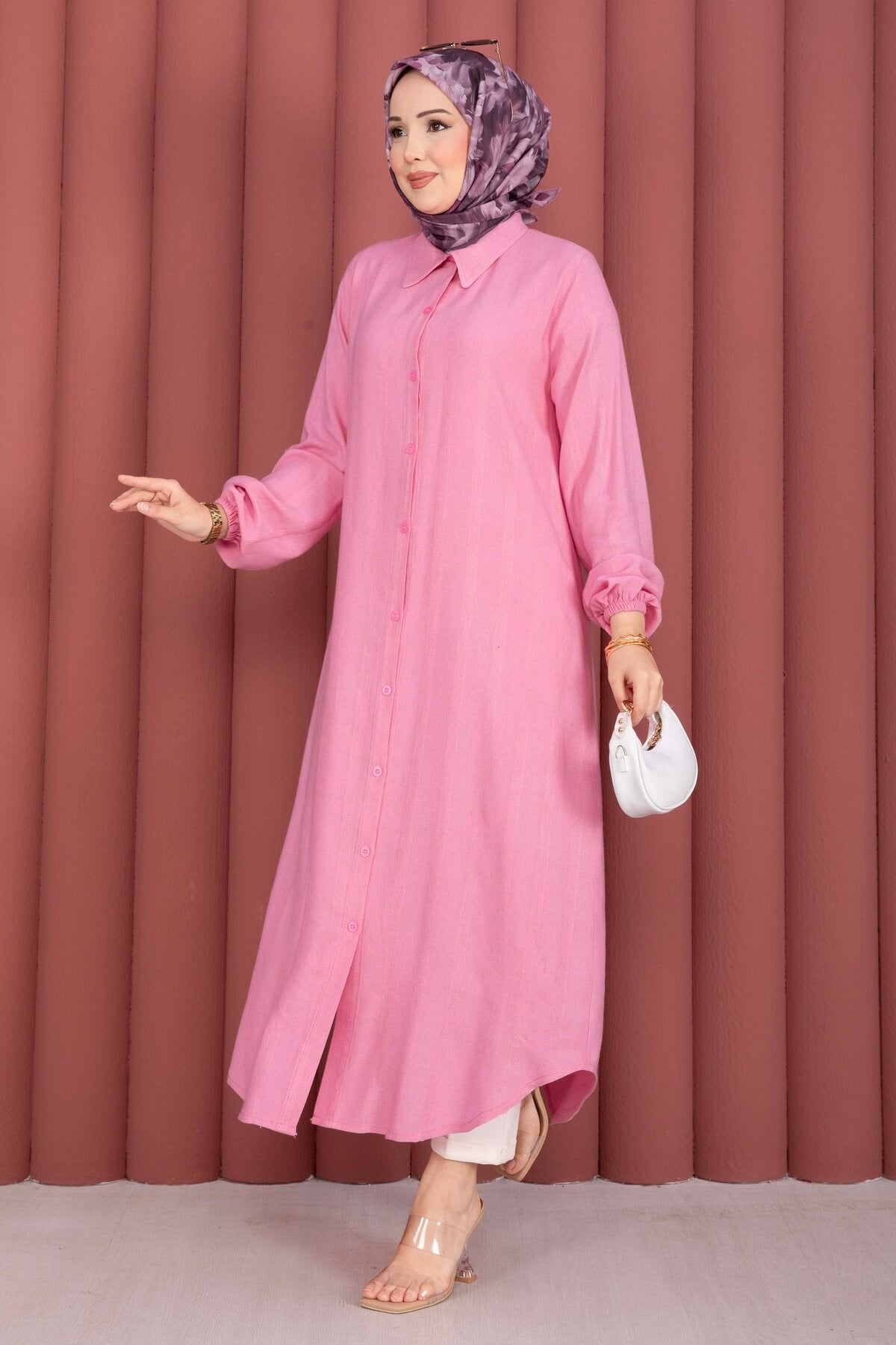 Boydan Düğmeli Salaş Gömlek Tunik Pembe