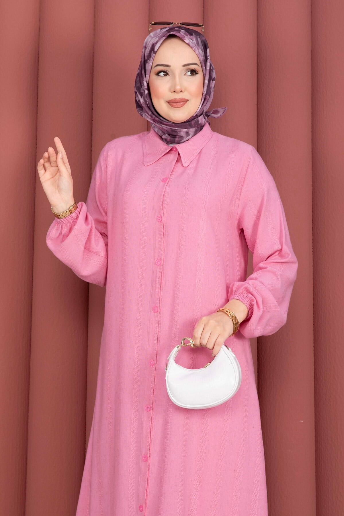 Boydan Düğmeli Salaş Gömlek Tunik Pembe
