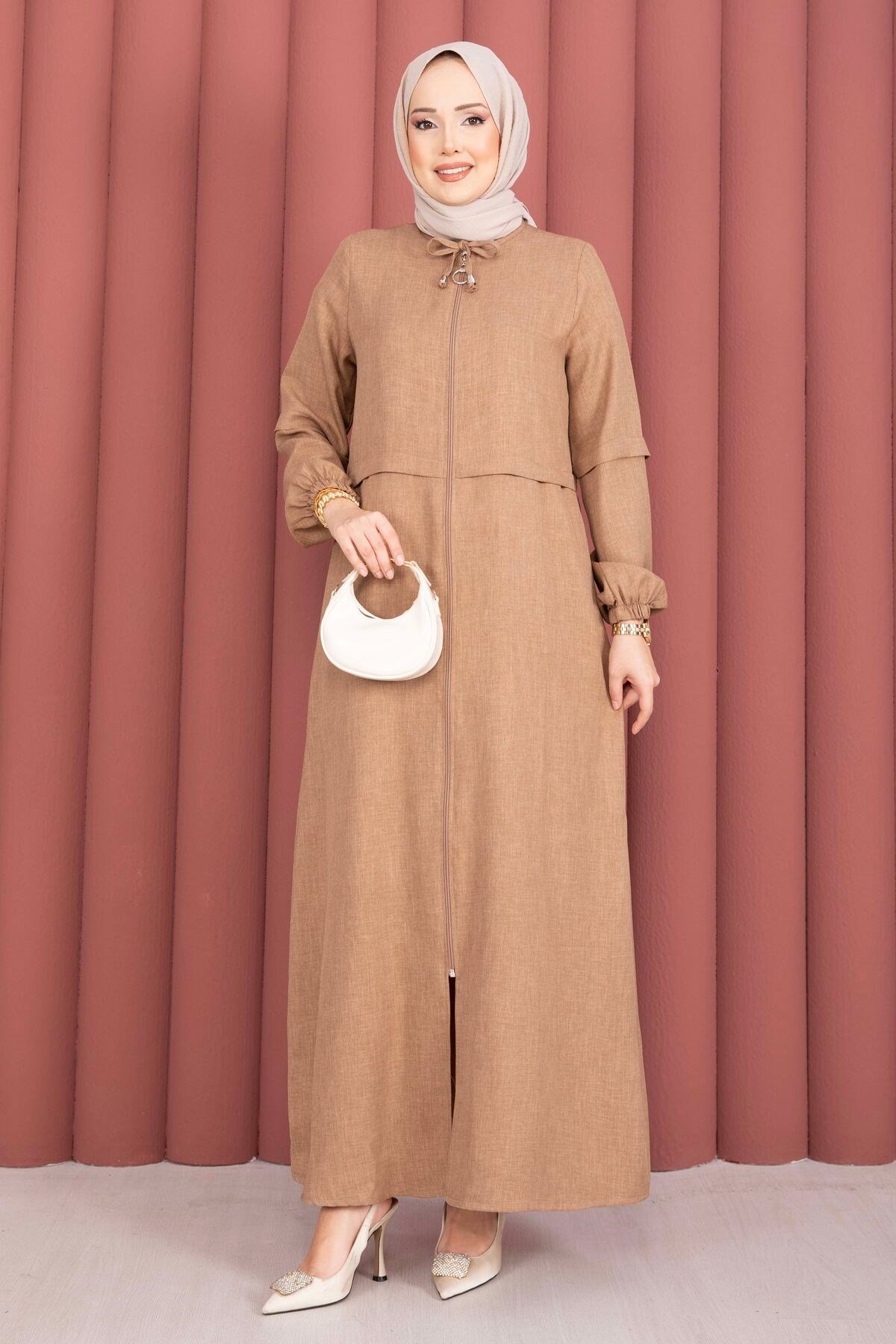 Boydan Fermuarlı Tesettür Ferace  Camel
