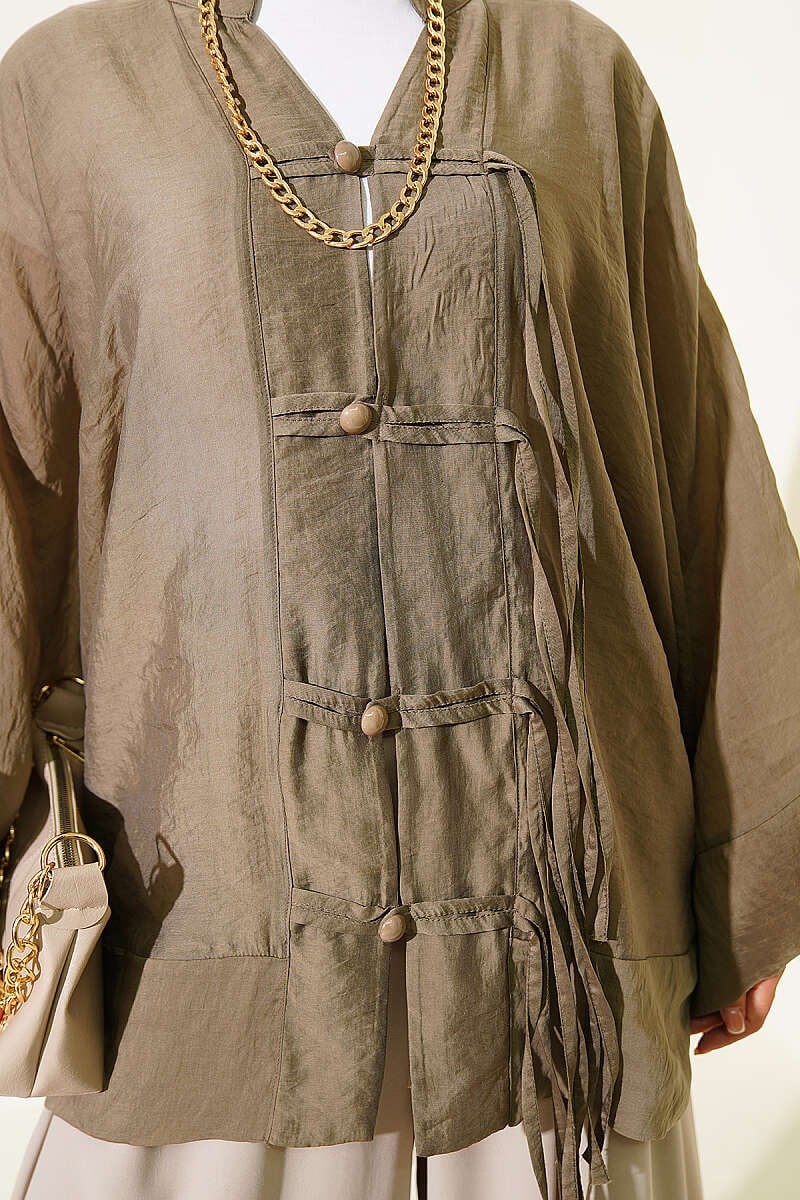 Brit Düğmeli Oversize Kimono Haki