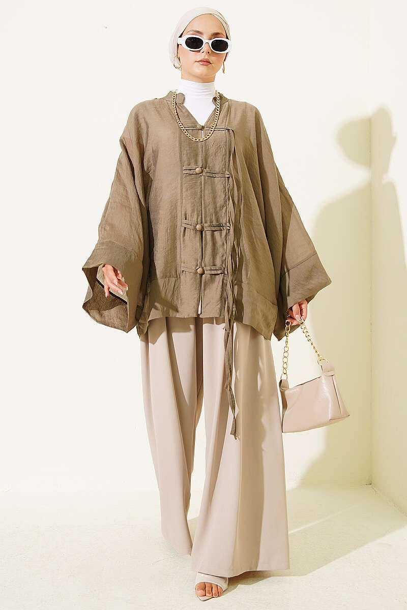 Brit Düğmeli Oversize Kimono Haki