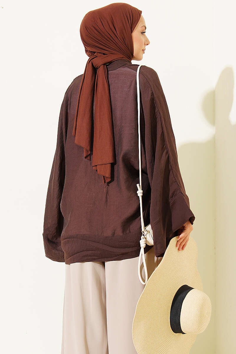 Brit Düğmeli Oversize Kimono Kahve